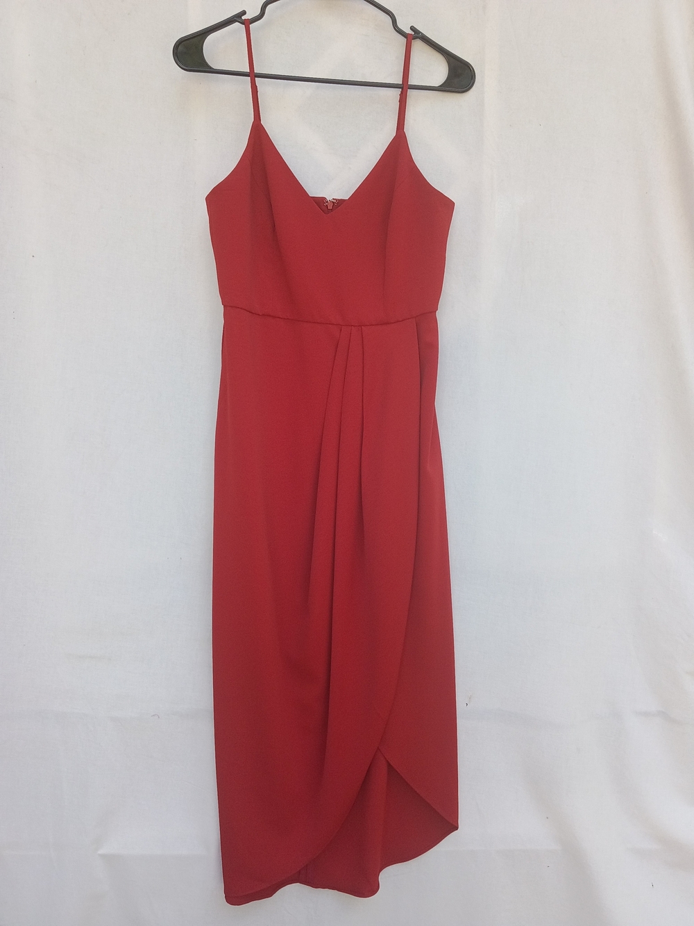 Lulu's Reinette Rust Red Spaghetti-Strap Draped Midi Dress